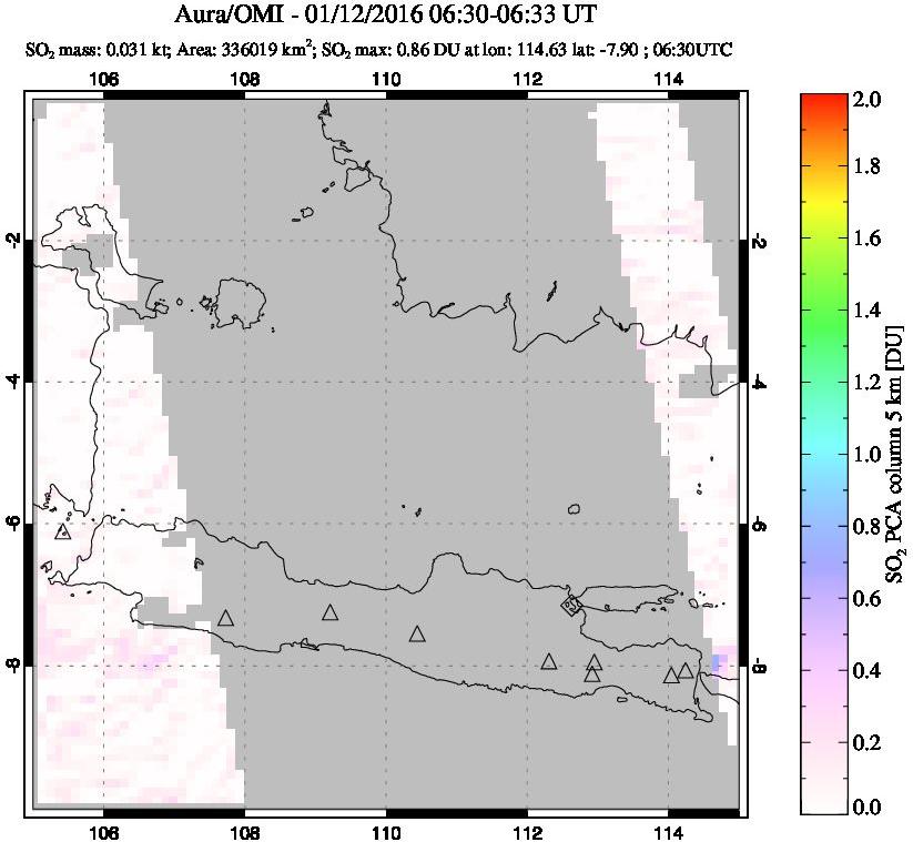 A sulfur dioxide image over Java, Indonesia on Jan 12, 2016.