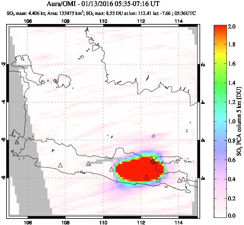 A sulfur dioxide image over Java, Indonesia on Jan 13, 2016.