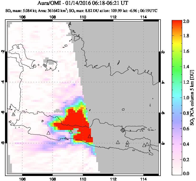 A sulfur dioxide image over Java, Indonesia on Jan 14, 2016.