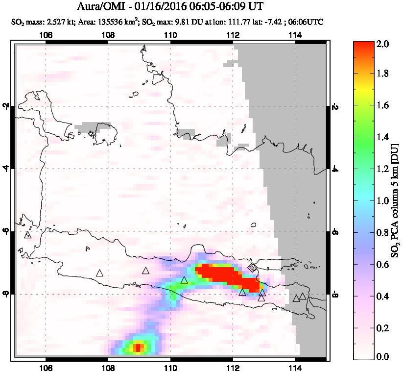 A sulfur dioxide image over Java, Indonesia on Jan 16, 2016.