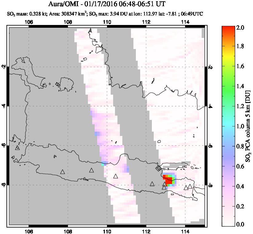 A sulfur dioxide image over Java, Indonesia on Jan 17, 2016.