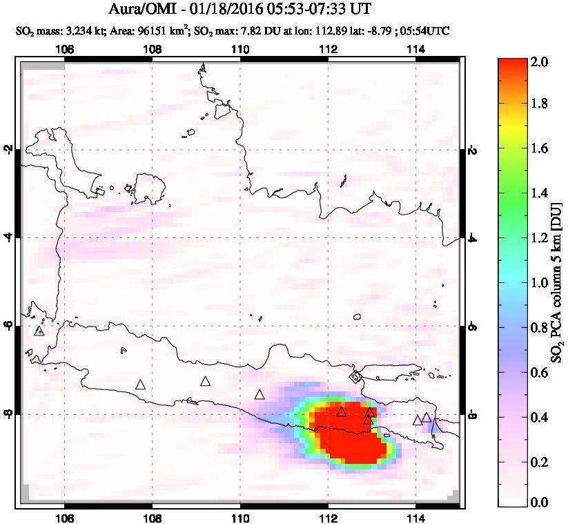 A sulfur dioxide image over Java, Indonesia on Jan 18, 2016.