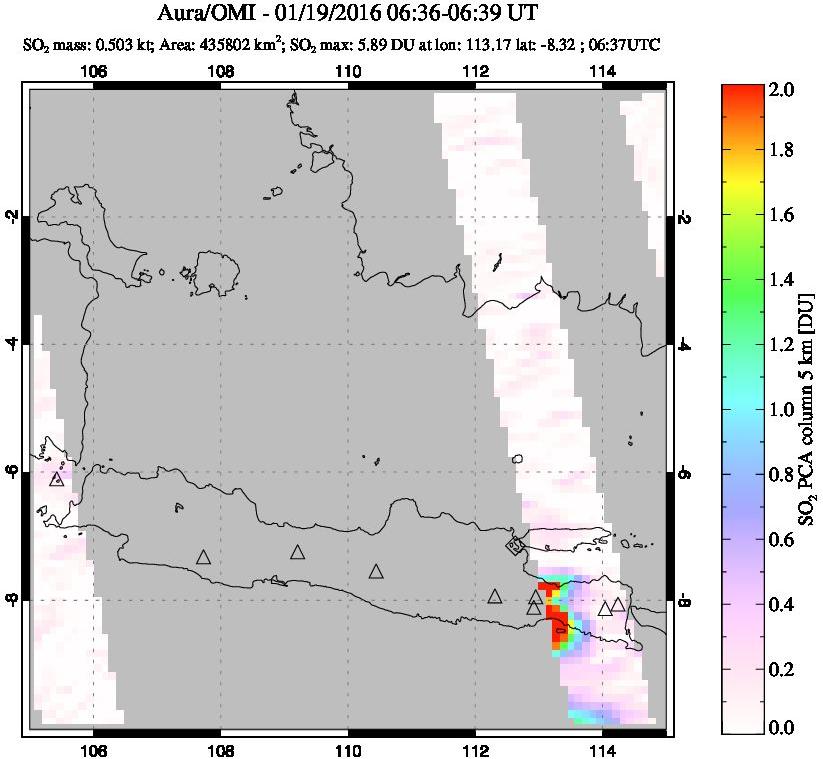 A sulfur dioxide image over Java, Indonesia on Jan 19, 2016.
