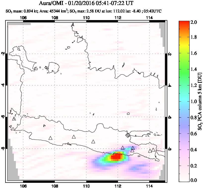 A sulfur dioxide image over Java, Indonesia on Jan 20, 2016.