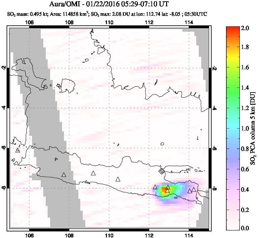 A sulfur dioxide image over Java, Indonesia on Jan 22, 2016.