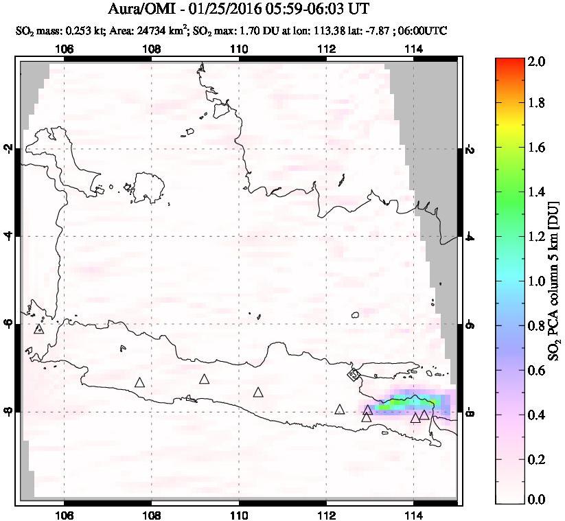 A sulfur dioxide image over Java, Indonesia on Jan 25, 2016.