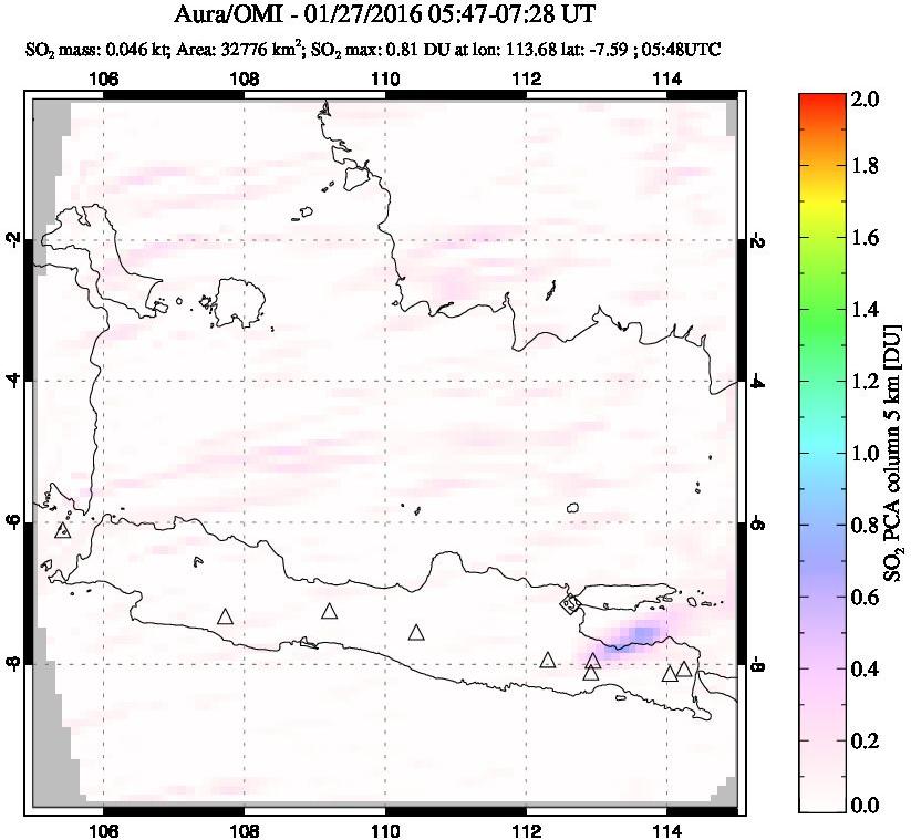 A sulfur dioxide image over Java, Indonesia on Jan 27, 2016.