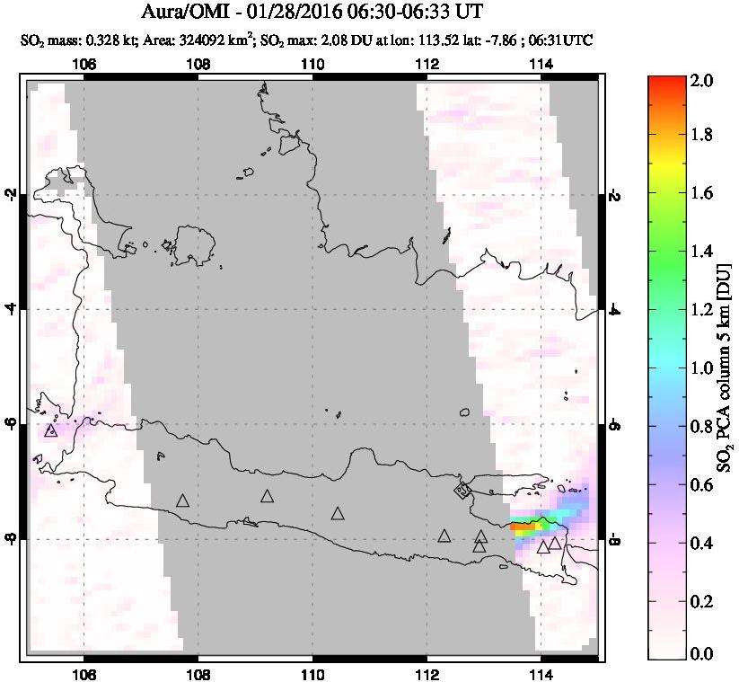 A sulfur dioxide image over Java, Indonesia on Jan 28, 2016.