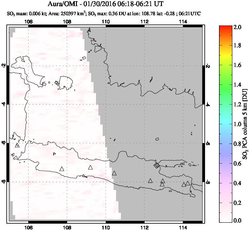 A sulfur dioxide image over Java, Indonesia on Jan 30, 2016.