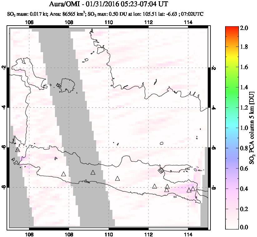 A sulfur dioxide image over Java, Indonesia on Jan 31, 2016.