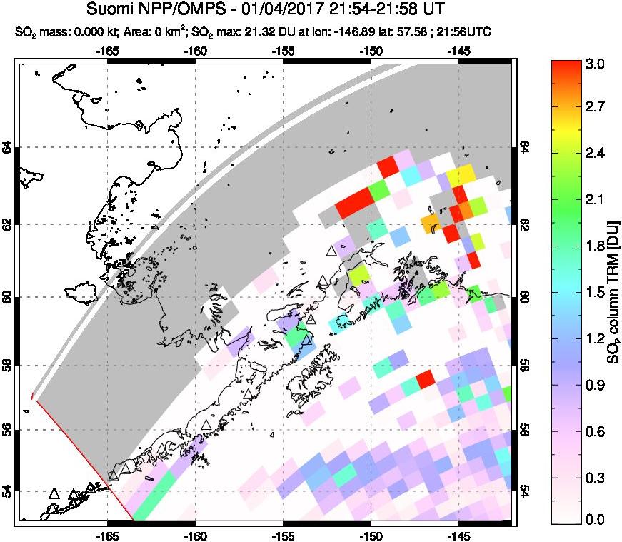A sulfur dioxide image over Alaska, USA on Jan 04, 2017.
