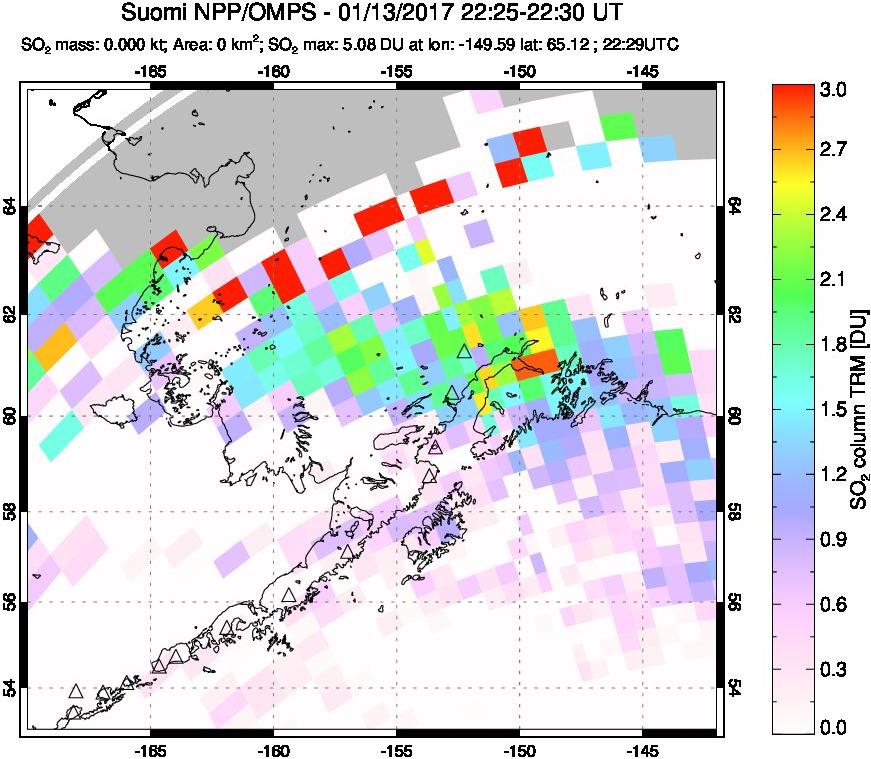 A sulfur dioxide image over Alaska, USA on Jan 13, 2017.