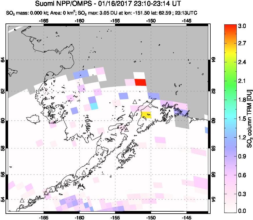 A sulfur dioxide image over Alaska, USA on Jan 16, 2017.