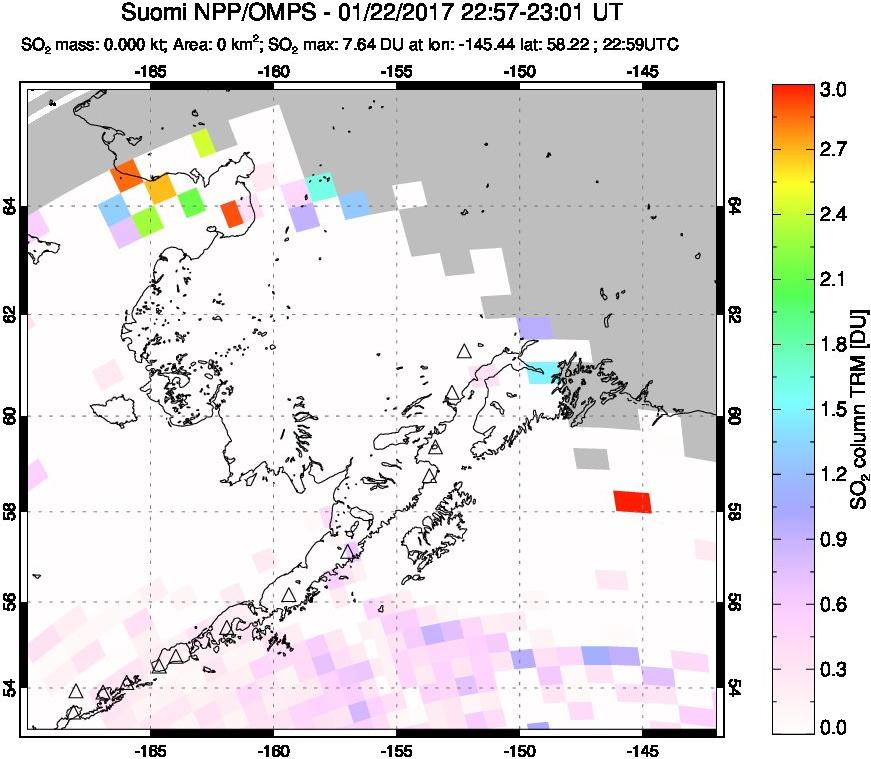 A sulfur dioxide image over Alaska, USA on Jan 22, 2017.