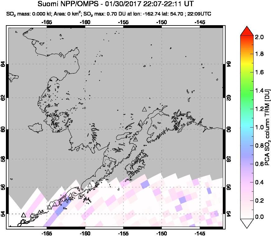 A sulfur dioxide image over Alaska, USA on Jan 30, 2017.