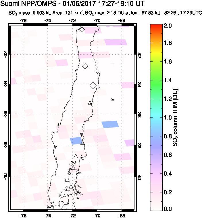 A sulfur dioxide image over Central Chile on Jan 06, 2017.