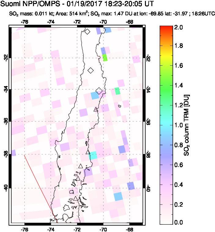 A sulfur dioxide image over Central Chile on Jan 19, 2017.