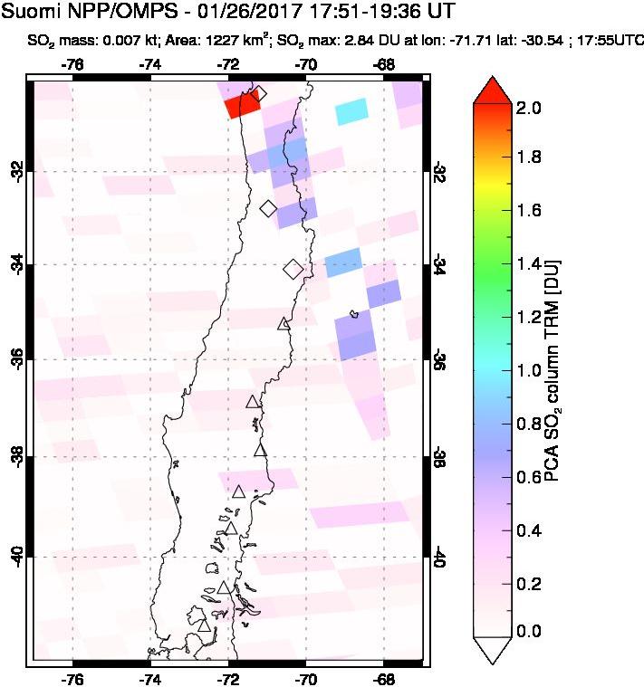 A sulfur dioxide image over Central Chile on Jan 26, 2017.
