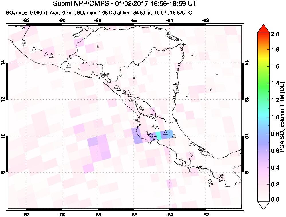 A sulfur dioxide image over Central America on Jan 02, 2017.