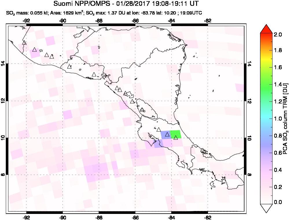 A sulfur dioxide image over Central America on Jan 28, 2017.