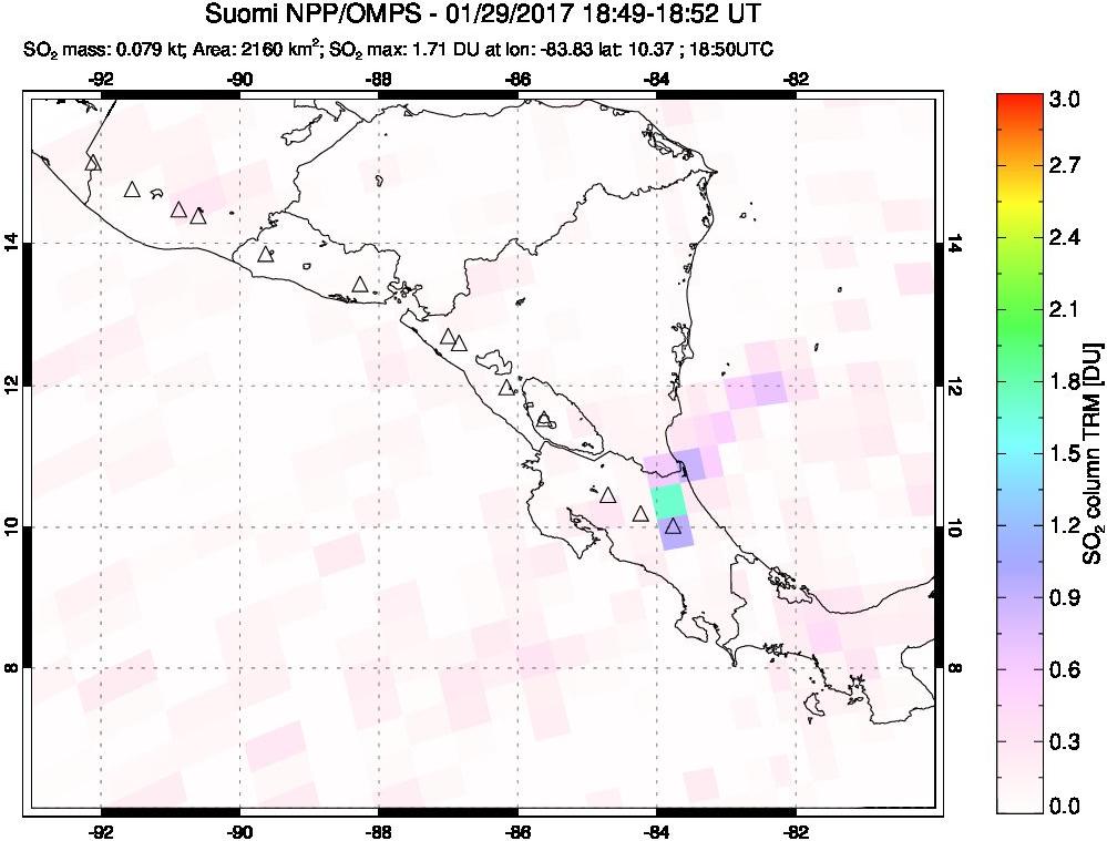 A sulfur dioxide image over Central America on Jan 29, 2017.