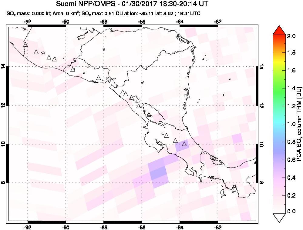 A sulfur dioxide image over Central America on Jan 30, 2017.