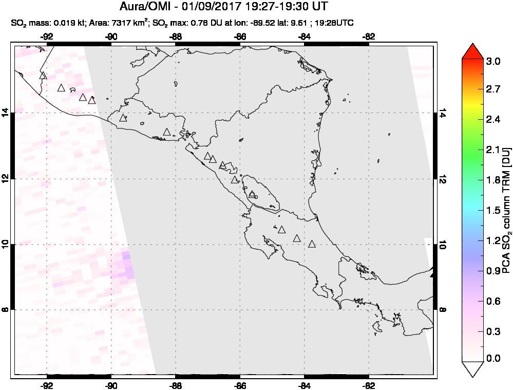 A sulfur dioxide image over Central America on Jan 09, 2017.