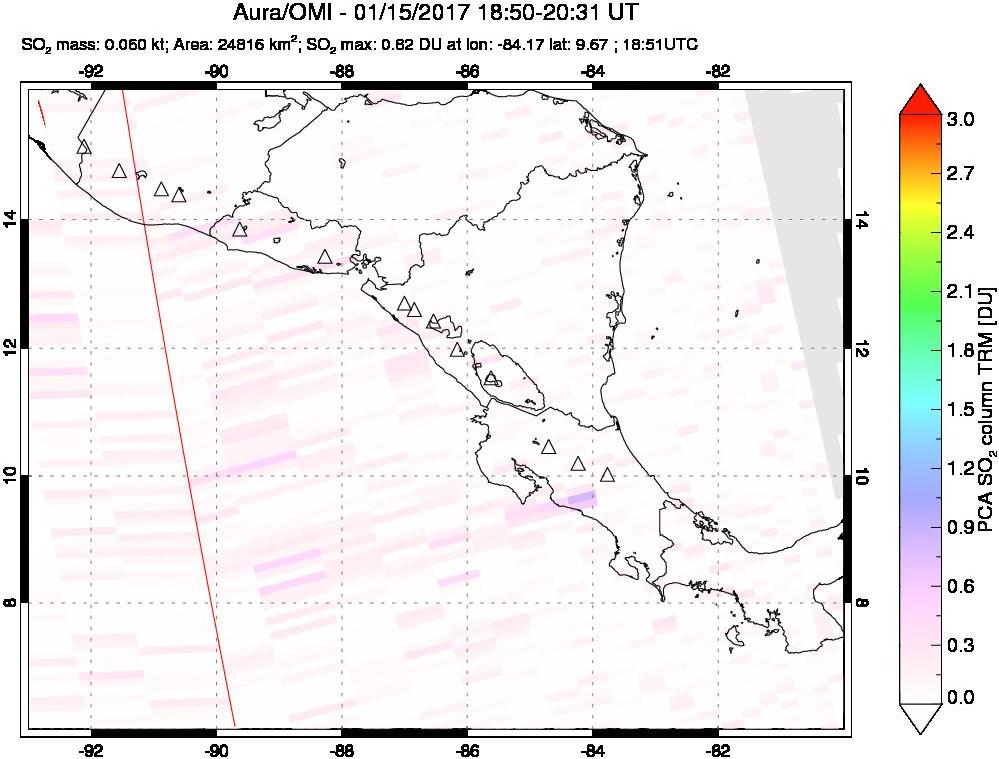 A sulfur dioxide image over Central America on Jan 15, 2017.