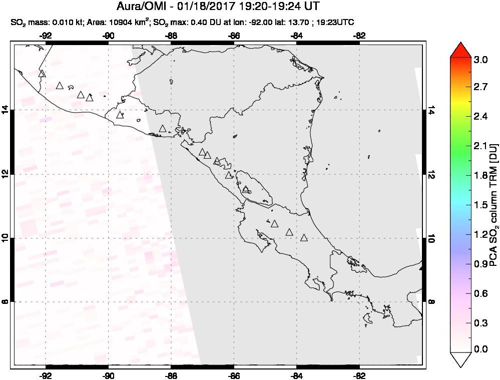 A sulfur dioxide image over Central America on Jan 18, 2017.