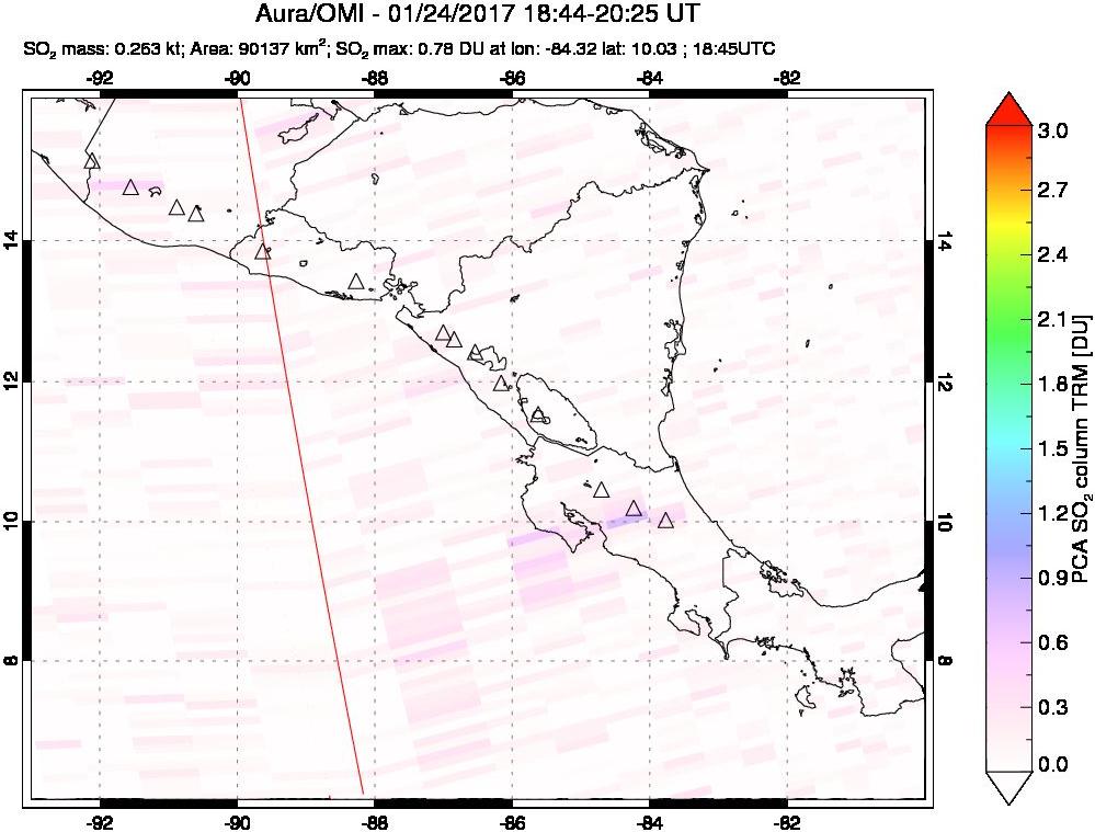 A sulfur dioxide image over Central America on Jan 24, 2017.