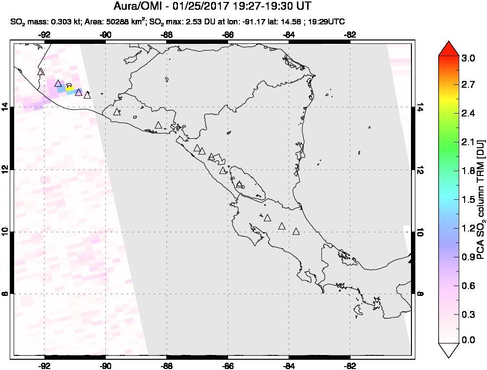 A sulfur dioxide image over Central America on Jan 25, 2017.