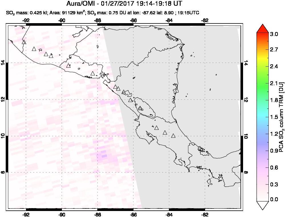 A sulfur dioxide image over Central America on Jan 27, 2017.