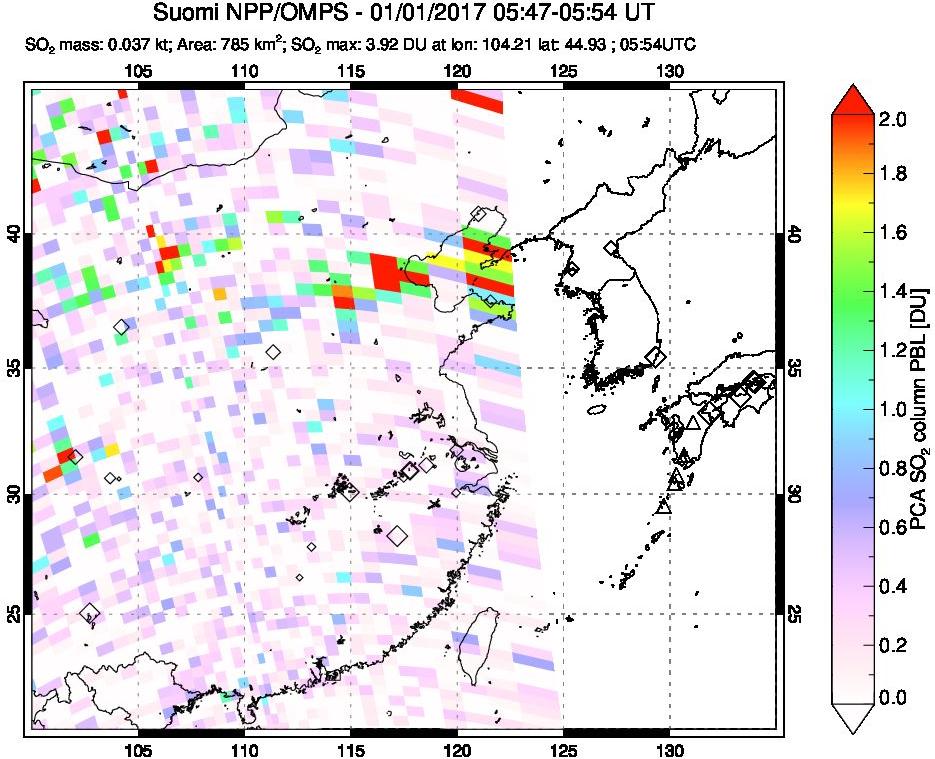 A sulfur dioxide image over Eastern China on Jan 01, 2017.