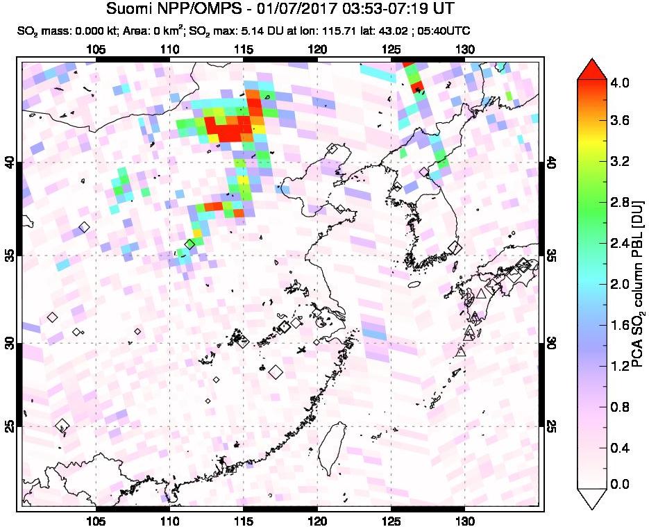 A sulfur dioxide image over Eastern China on Jan 07, 2017.