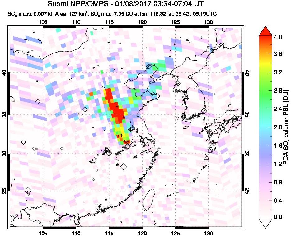 A sulfur dioxide image over Eastern China on Jan 08, 2017.