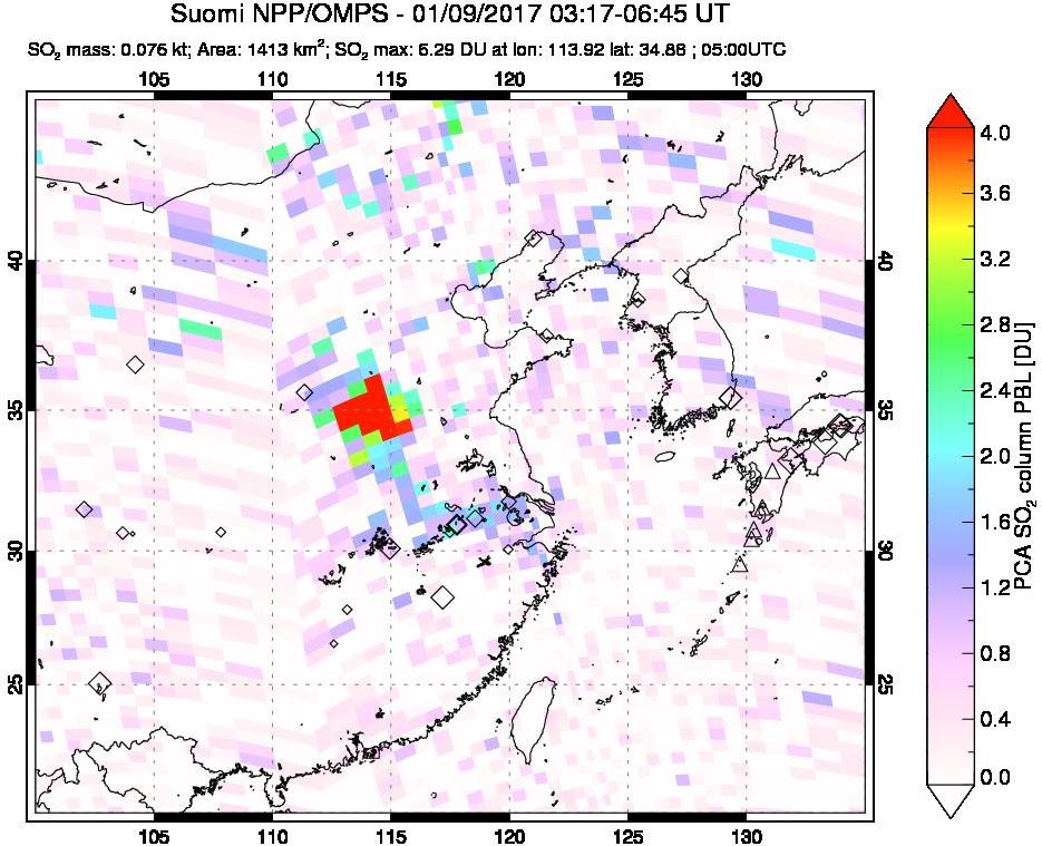 A sulfur dioxide image over Eastern China on Jan 09, 2017.