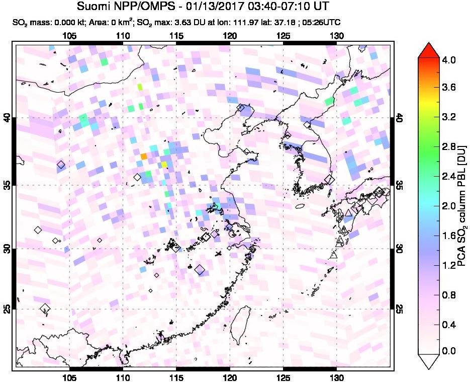 A sulfur dioxide image over Eastern China on Jan 13, 2017.