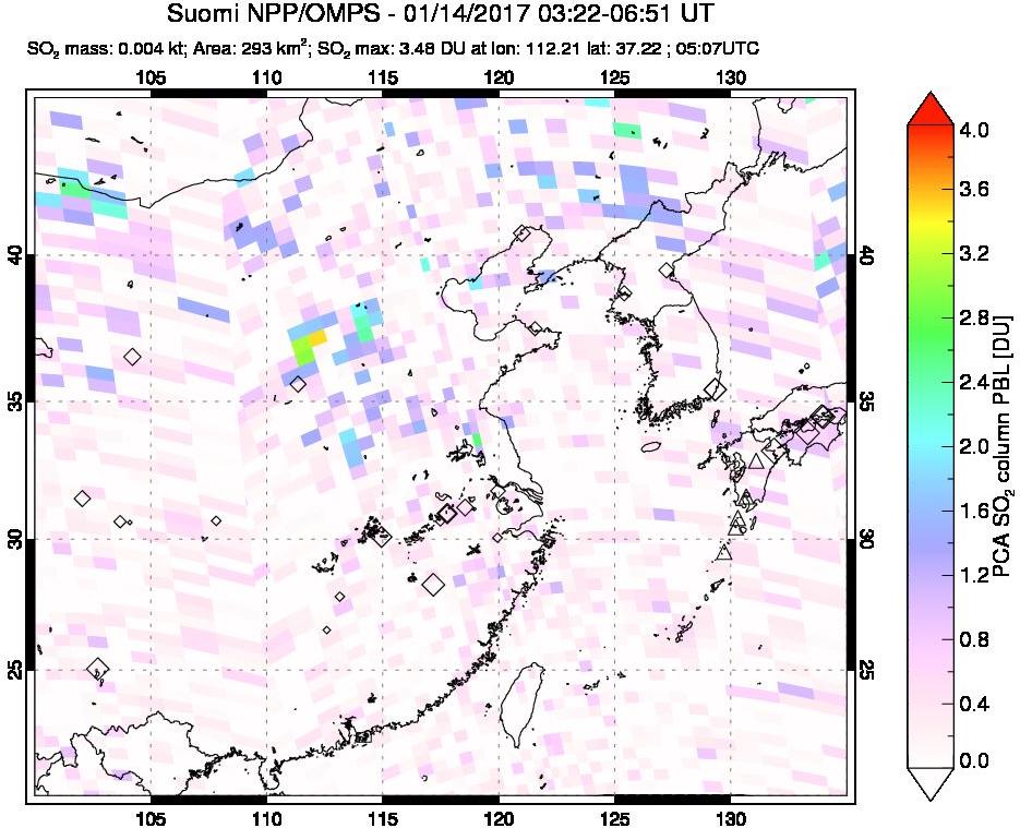 A sulfur dioxide image over Eastern China on Jan 14, 2017.