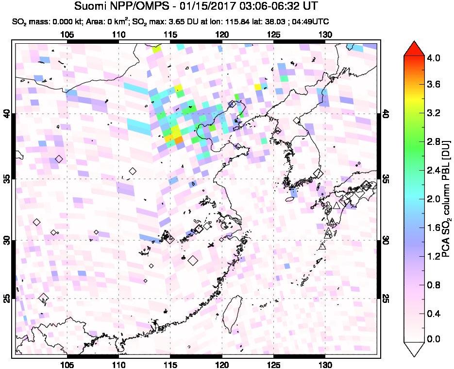 A sulfur dioxide image over Eastern China on Jan 15, 2017.