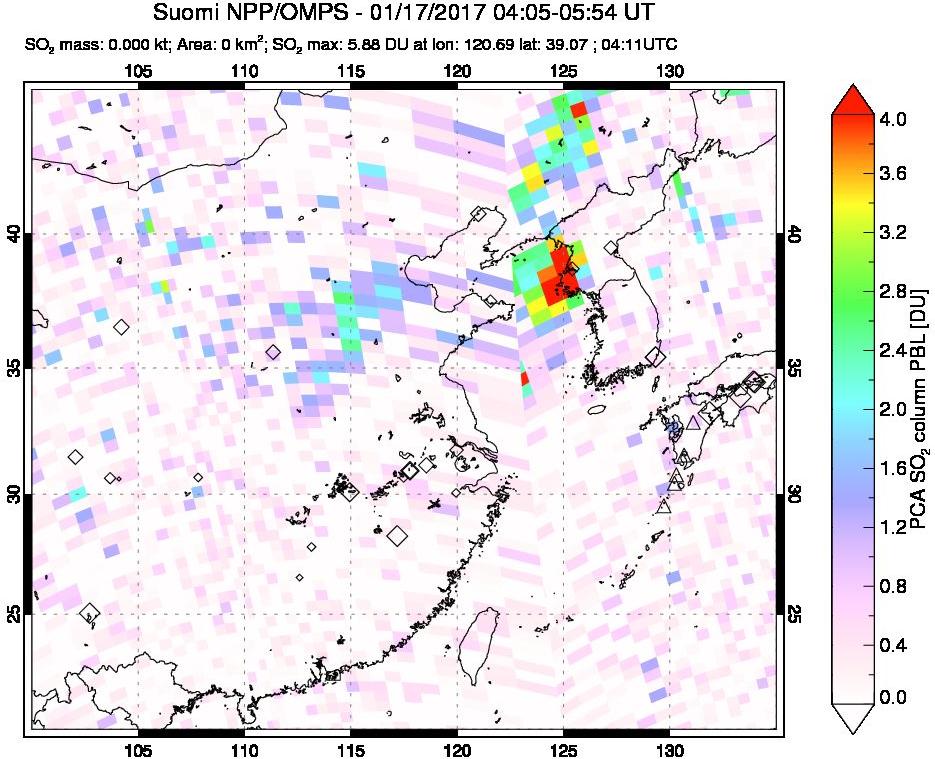 A sulfur dioxide image over Eastern China on Jan 17, 2017.