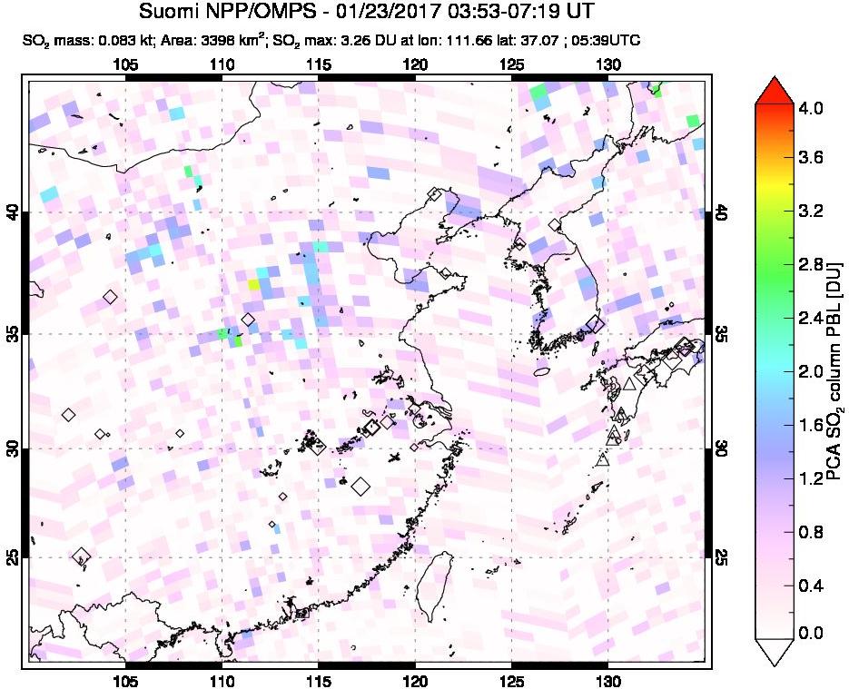 A sulfur dioxide image over Eastern China on Jan 23, 2017.