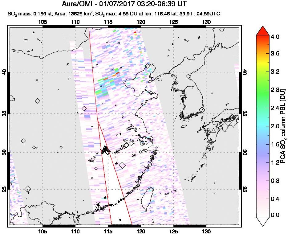 A sulfur dioxide image over Eastern China on Jan 07, 2017.
