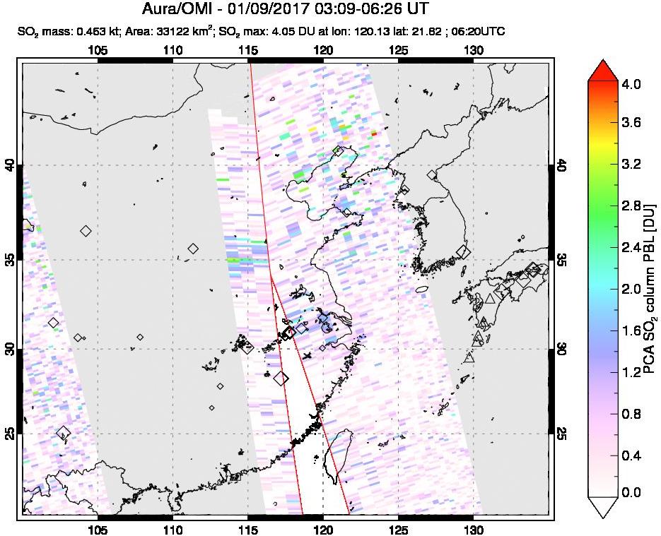 A sulfur dioxide image over Eastern China on Jan 09, 2017.