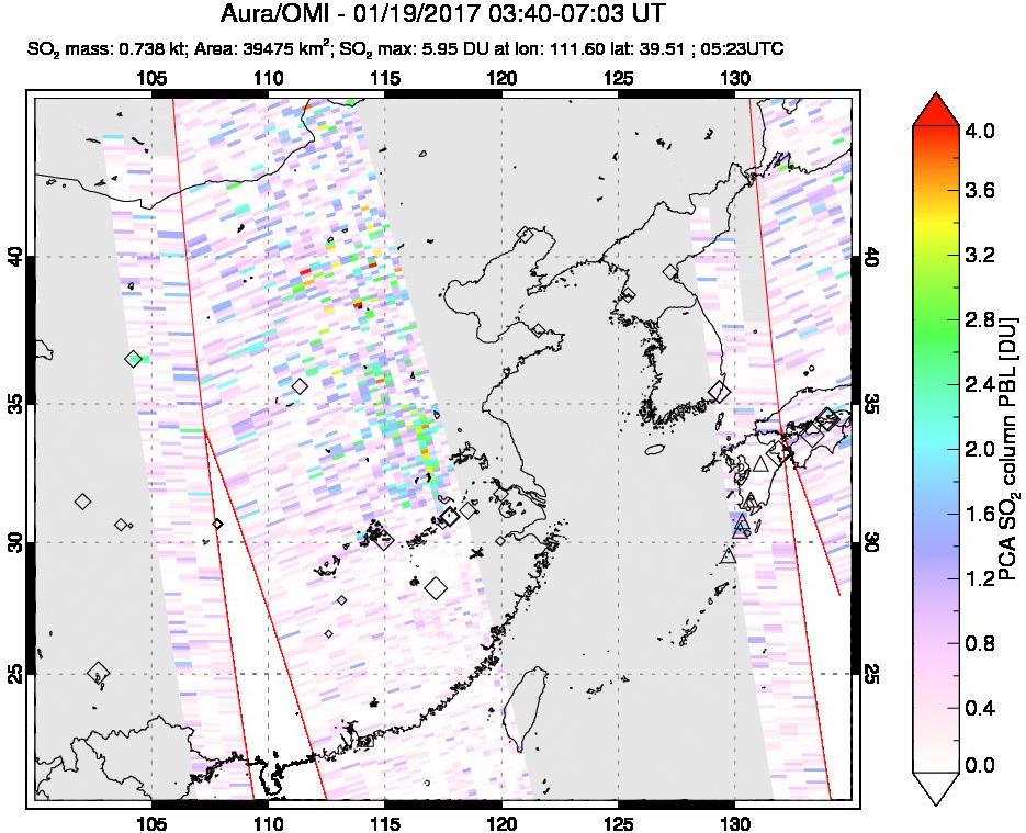 A sulfur dioxide image over Eastern China on Jan 19, 2017.
