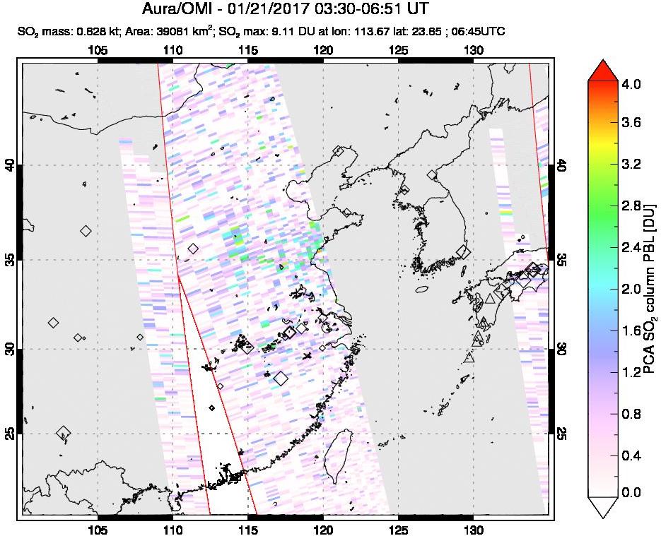 A sulfur dioxide image over Eastern China on Jan 21, 2017.