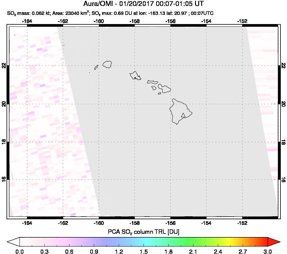 A sulfur dioxide image over Hawaii, USA on Jan 20, 2017.