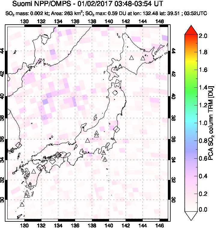 A sulfur dioxide image over Japan on Jan 02, 2017.