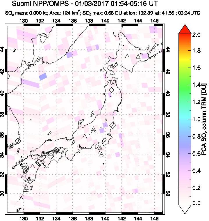 A sulfur dioxide image over Japan on Jan 03, 2017.