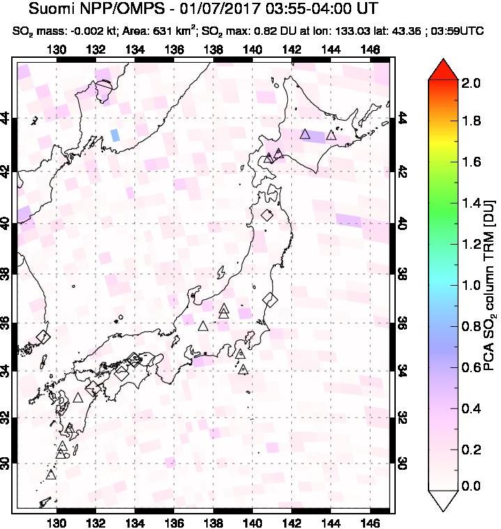 A sulfur dioxide image over Japan on Jan 07, 2017.