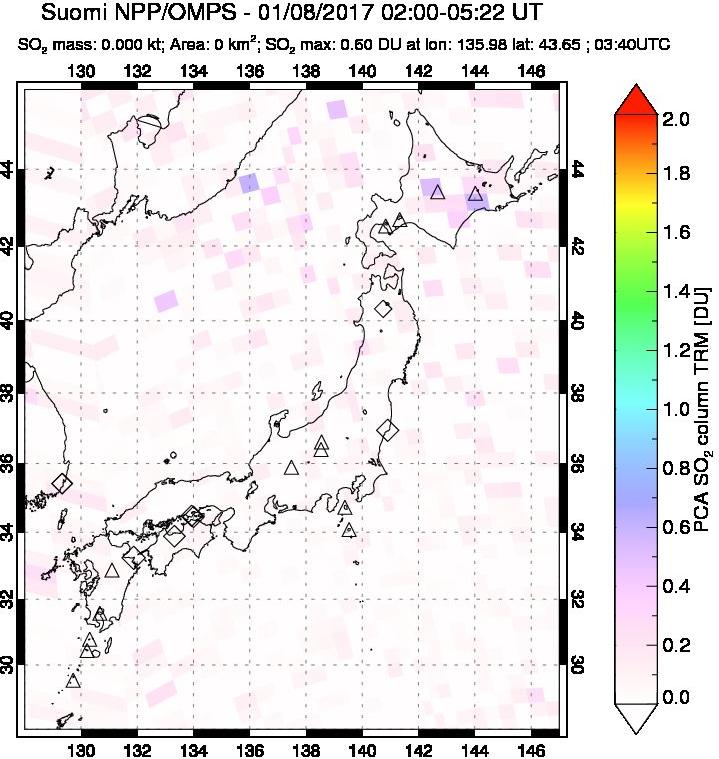 A sulfur dioxide image over Japan on Jan 08, 2017.